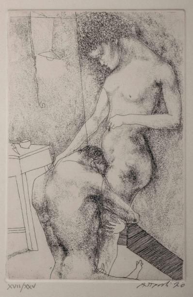 null "At Posti": "Couple en Etreinte", signée, gravure 17/25, 1970, 35 x 50 cm. 