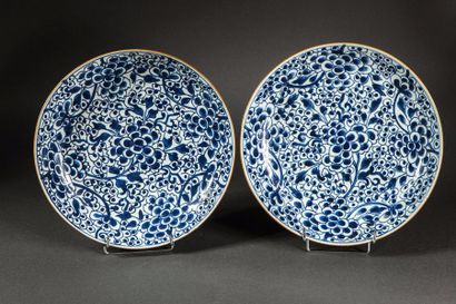 null Paire de plats en porcelaine blanche décoré en bleu cobalt sous couverte de...