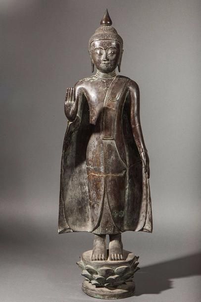 null Buddha debout sur un socle lotiforme, une main en abaya mudra vêtu d'une robe...