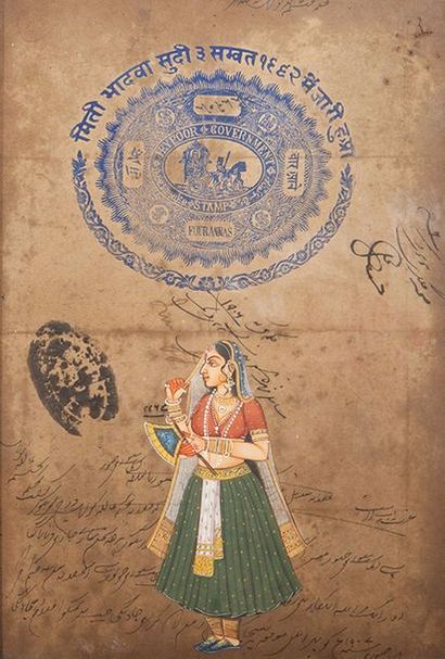 null Suite de six miniatures illustrant des Rajput et leurs épouses. Pigments polychromes...