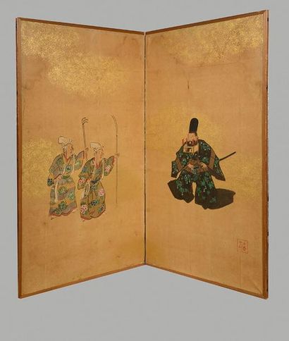 null Nikyoku Byobu, paravent à deux feuilles illustrant un samouraï et de rônins....
