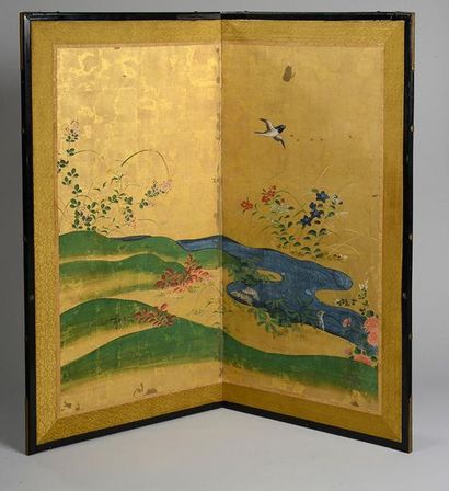 null Nikyoku Byobu, paravent à deux feuilles illustré d'un vallon fleuri où coule...