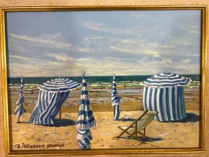 null Edwige MITERRAND-DELAHAYE (1952) - Les cabines de Dauvilles, la plage - Huile...
