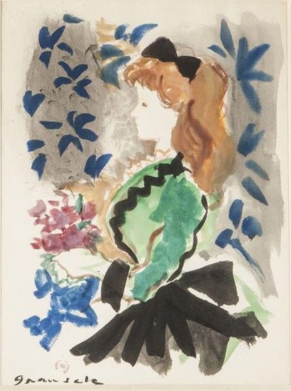 null Emilio GRAU SALA (1911-1955) - Jeune fille au bouquet de fleurs - Aquarelle...