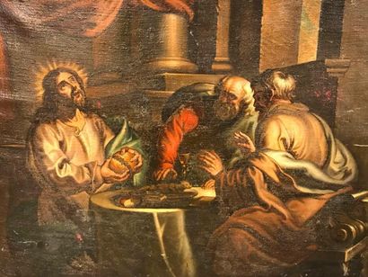 null Ecole Vénitienne vers 1630 - Les pèlerins d'Emmaus Huile sur toile sans cadre...