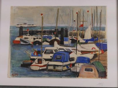 null Ginette RAPP (1918-1998) - Vue de port - Crayon, pastel et aquarelle sur papier-...