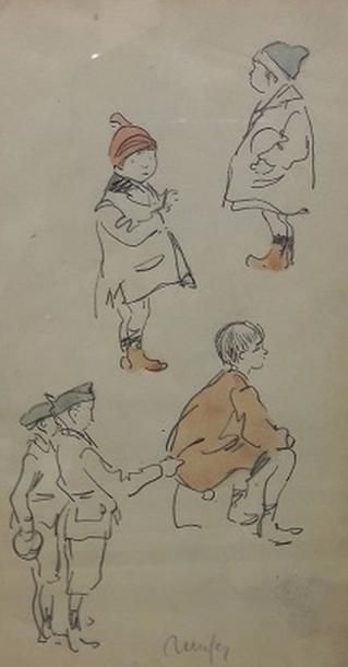 null Raymond RENEFER (1881-1938) -"Jeux d'enfants", dessin aquarellé, signé en bas,...