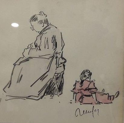 null Raymond RENEFER (1881-1938) - "Femme et enfant", dessin aquarellé, signé en...
