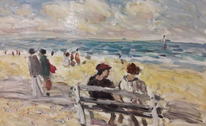null Jean Jacques RENE (1943- ) - Le banc sur la plage - huile sur toile, signée...