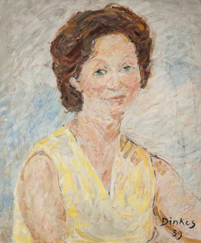 null DINKES - Portrait de femme à la robe jaune, huile sur toile, signé en bas à...