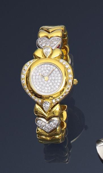 null Bracelet montre rigide en or jaune, 750 MM, lunette ronde entourée de diamants,...
