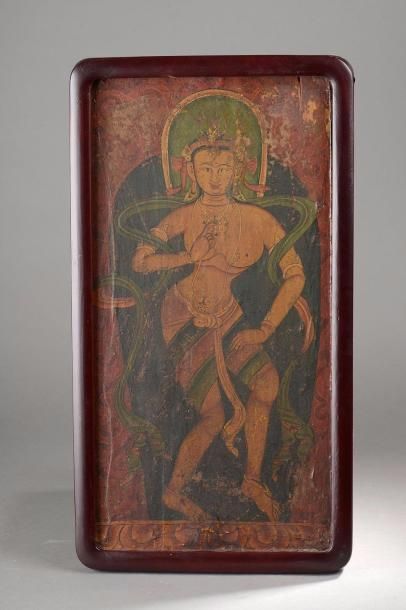 null Peinture illustrant une Apsara dansante figurée nue entourée d'écharpes bouillonnantes...