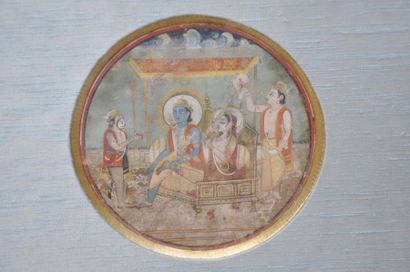 null Miniature circulaire illustrant Krishna et Radha assis en délassement royal...