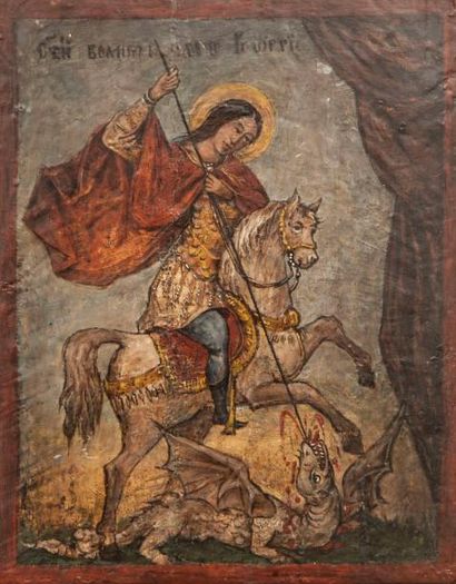 null Icône représentant saint Georges terrassant le dragon. GRECE fin XVIIIème siècle....