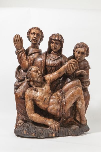 null Groupe en chêne sculpté représentant la Déploration du Christ. La Vierge présente...