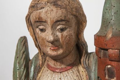 null Sculpture en bois polychrome représentant sainte Barbe. Rare iconographie qui...