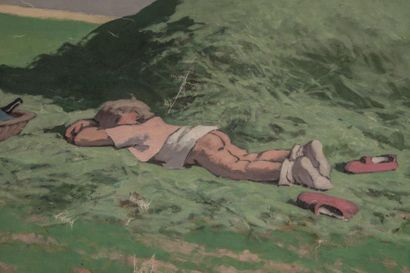 null Ecole française- Petit paysan endormi dans un grand paysage- Huile sur toile...
