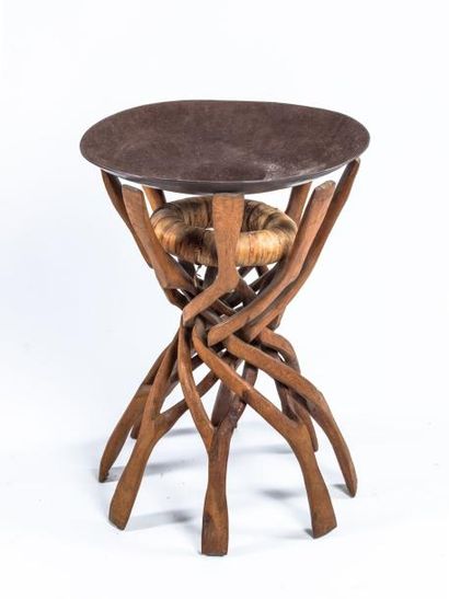 null Table vide poche en bois assemblée, dessus de cuir sauvage- Art Ethnique
