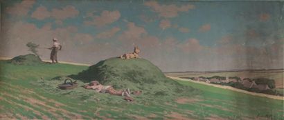 null Ecole Française vrs 1930- Petit paysan endormi dans un grand paysage- Huile...