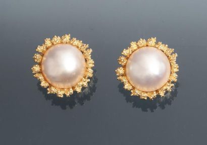 null Clips d'oreilles en or jaune, 585 MM, orné chacun d'un perle Mabé dans une frise...