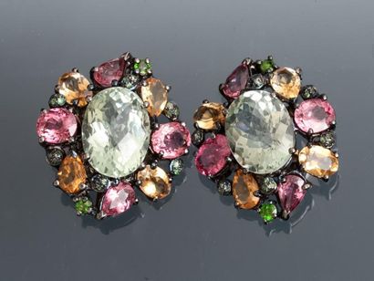 null Boucles d'oreilles en, argent 925 MM, ornées d'améthystes, tourmalines roses...