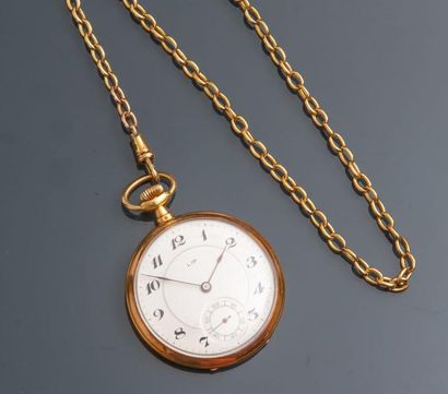 null LIP, Lot : Montre de gousset et chaîne giletière en or jaune, 750 MM, fond crème,...