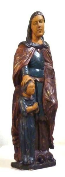 null Sculpture en bois polychrome représentant sainte Anne et la Vierge .Manque une...