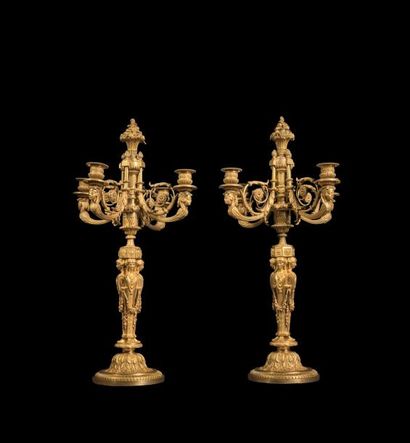 null Paire de candélabres en bronze doré d'après un modèle de Gouthière. Style Louis...