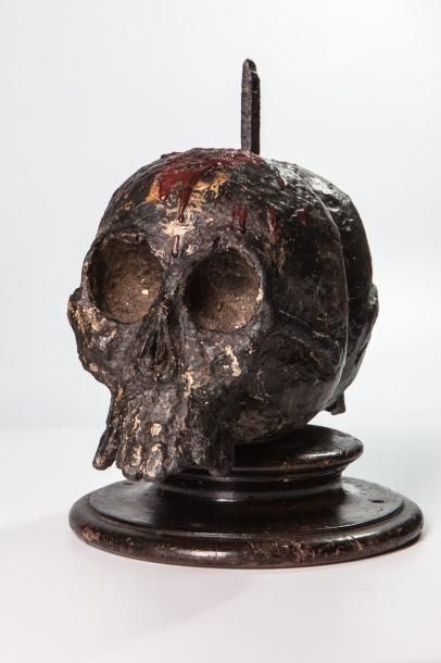 null Vanité double Janus en bois et cires adossées- représentant deux crânes humains...
