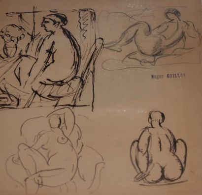null Roger GRILLON (1881-1936) - Etude de nu - Plume et crayon - Tampon de l'atelier...