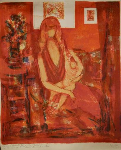 null Marcel MOULY (1918-2008)-Femme en rouge- Lithographie dédicacée - 63x55cm