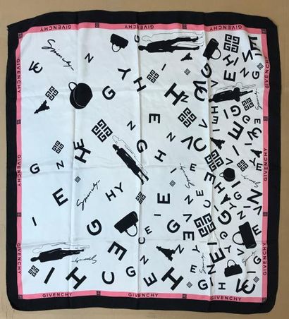 null GIVENCHYcarré en soie motifs lettres et figures noirs sur fond blanc cadre rose...