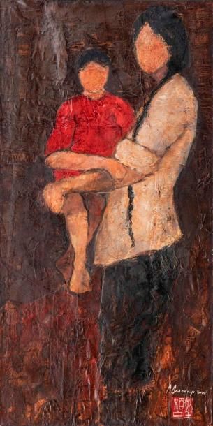 null Patrick DESCAMPS (1950) - Jeune fille et enfant - Huile sur toile - 50 x 100...
