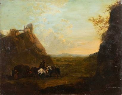 null LANTARA Mathurin (1729-1778) (Attribué à) - Cavaliers dans un paysage aux rochers...