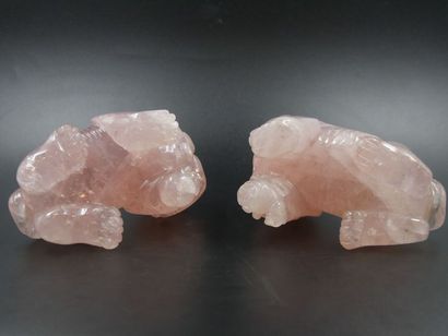 null Paire de Chien de Fô en Quartz rose sur socle en bois de fer - CHINE - Dynastie...