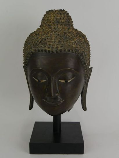 null Ancienne tête de Bouddha à l'expression seraine, le menton potelé, la coiffure...