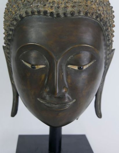 null Ancienne tête de Bouddha à l'expression seraine, le menton potelé, la coiffure...