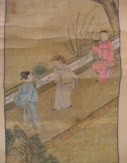 null Rouleau peint sur soie, gouache et encre représentant trois personnages devisant...
