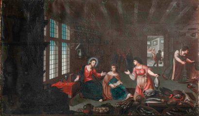 null Ecole ALLEMANDE du XVIIe siècle - Le Christ chez Marthe et Marie - Parchemin...