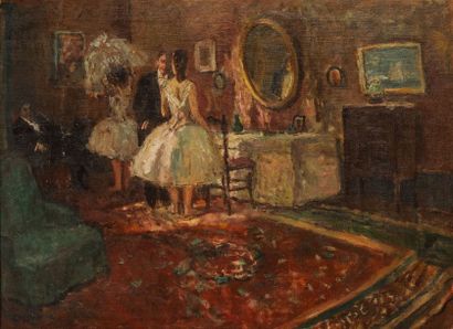 null Marcel COSSON (1878-1956) - Discussion après la représentation, huile sur toile,...