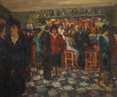 null Marcel COSSON (1878-1956) - Foule dans un restaurant, huile sur toile, signée...