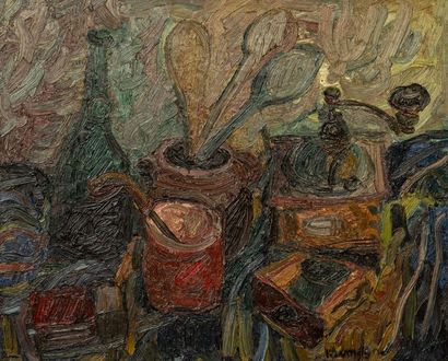 null Pinchus KREMEGNE (Zaloudok 1890 - Céret 1981), Le moulin à café, huile sur toile,...