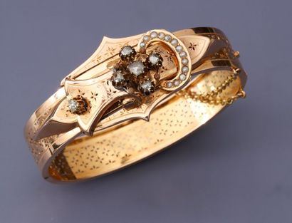 null Joli bracelet rigide ouvrant, 750 MM, décor de boucle ornée de petites perles...