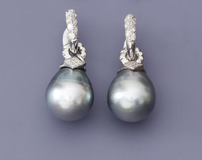 null Elégants pendants d'oreilles en or gris, 750 MM, orné chacun de diamants portant...