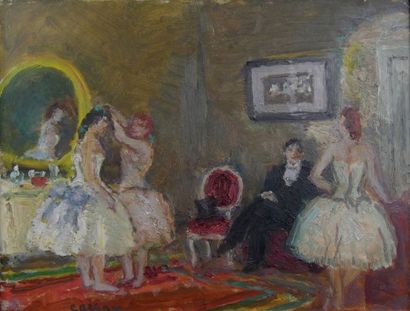 null Marcel COSSON (1878-1956) - Les danseuses en loges - Huile sur Isorel signée...