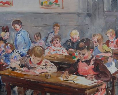 null Adrienne Lucie JOUCLARD (1882-1972) - A la maternelle - Huile sur toile signée...