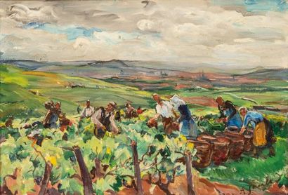 null Adrienne Lucie JOUCLARD (1882-1972) - Vendanges à Epernay - Huile sur toile...