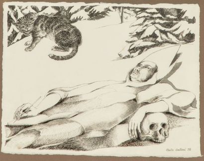 null Cato CATONI (1929-2018), L'enterrement, Huile sur toile, 50 x 65 cm. On y joint...