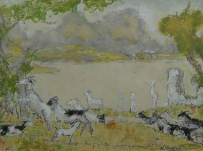 null Henri DÉZIRÉ (1878-1965) - Chèvres dans des paysages en pendant. - Deux aquarelles...