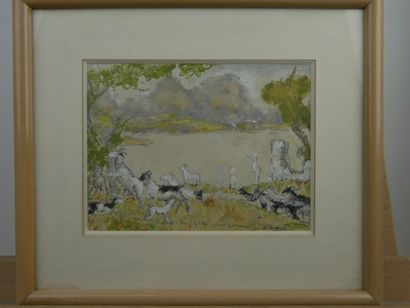 null Henri DÉZIRÉ (1878-1965) - Chèvres dans des paysages en pendant. - Deux aquarelles...